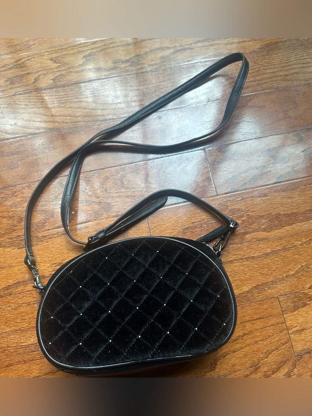 Talbots Quilted Velvet Oval Crossbody Bag - Black - Picture 6 of 8